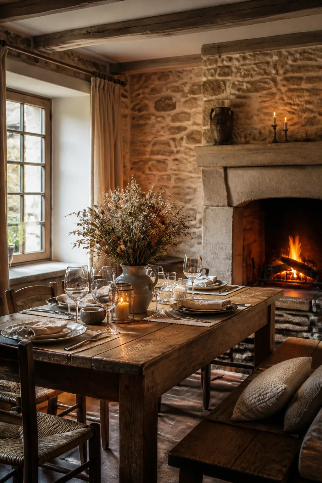 Salle de campagne avec cheminée et table en chêne, création visuelle IA