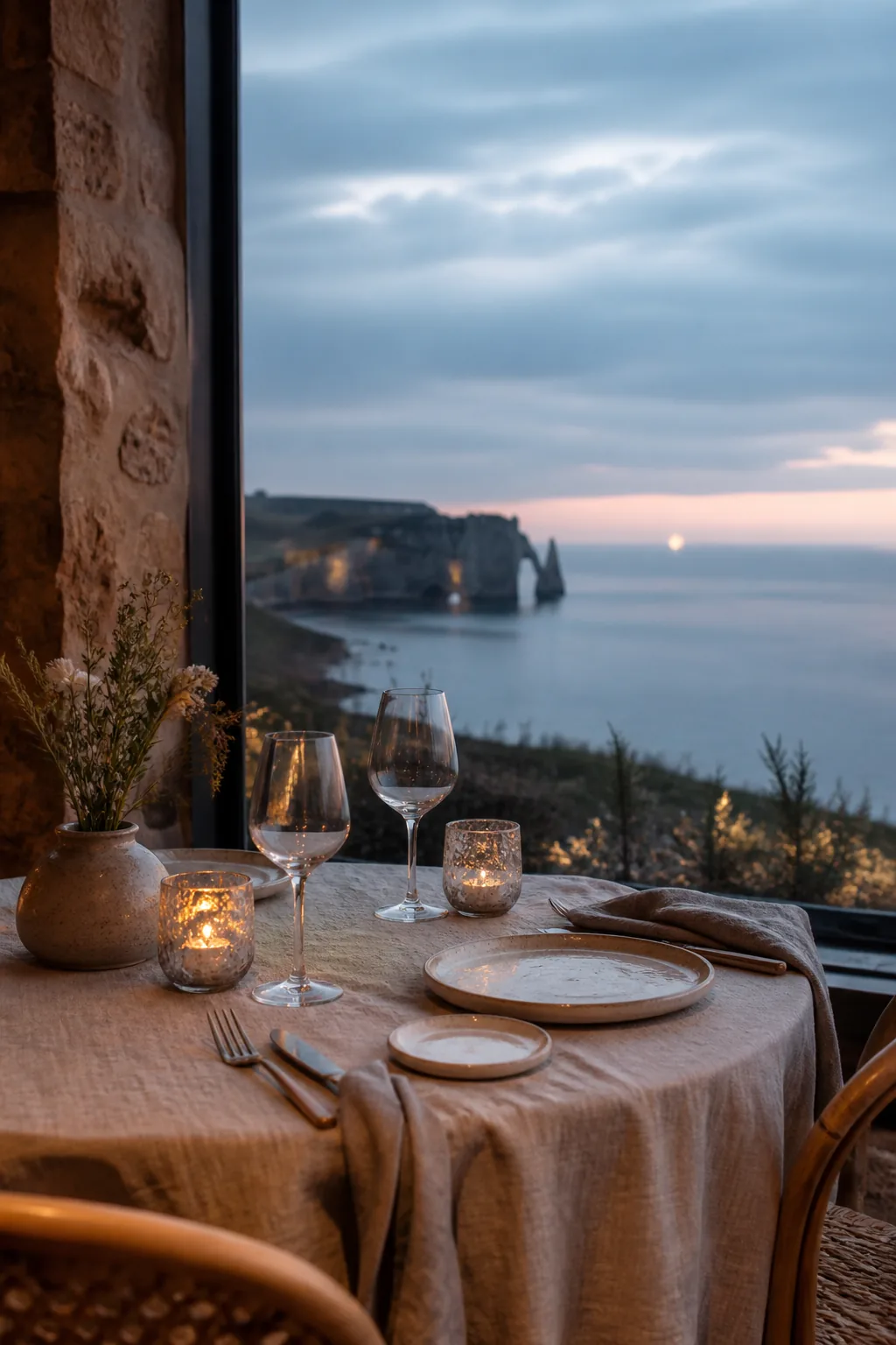 Table face aux falaises et à la mer normande, création visuelle IA