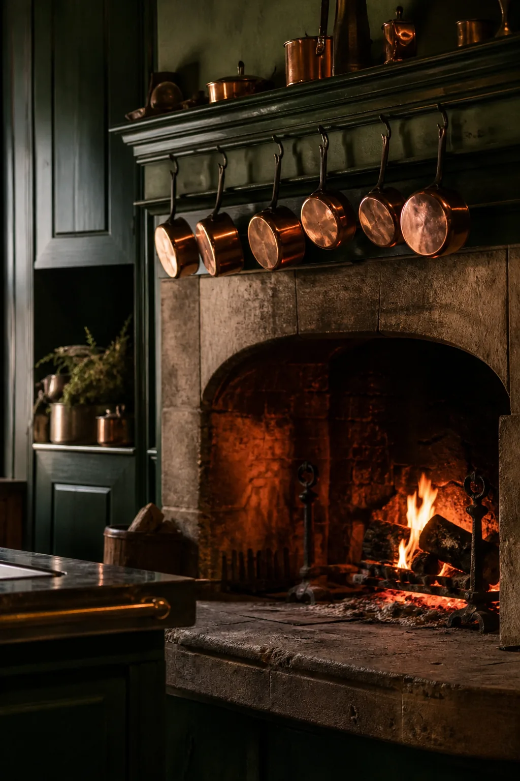 Cuisine ouverte et feu de bois dans une maison fictive de la collection, création visuelle IA