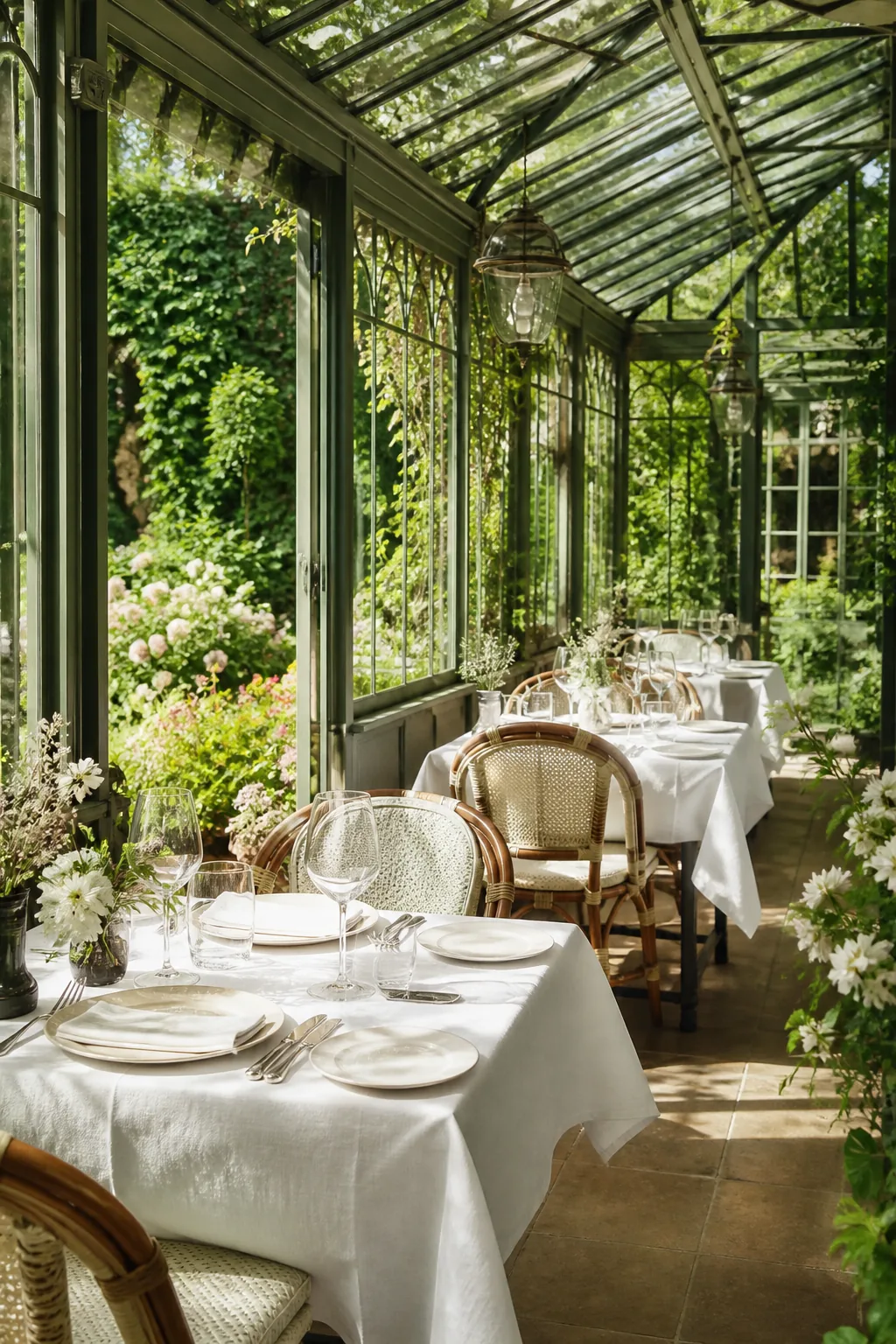 Salle de jardin lumineuse et table dressée, création visuelle IA