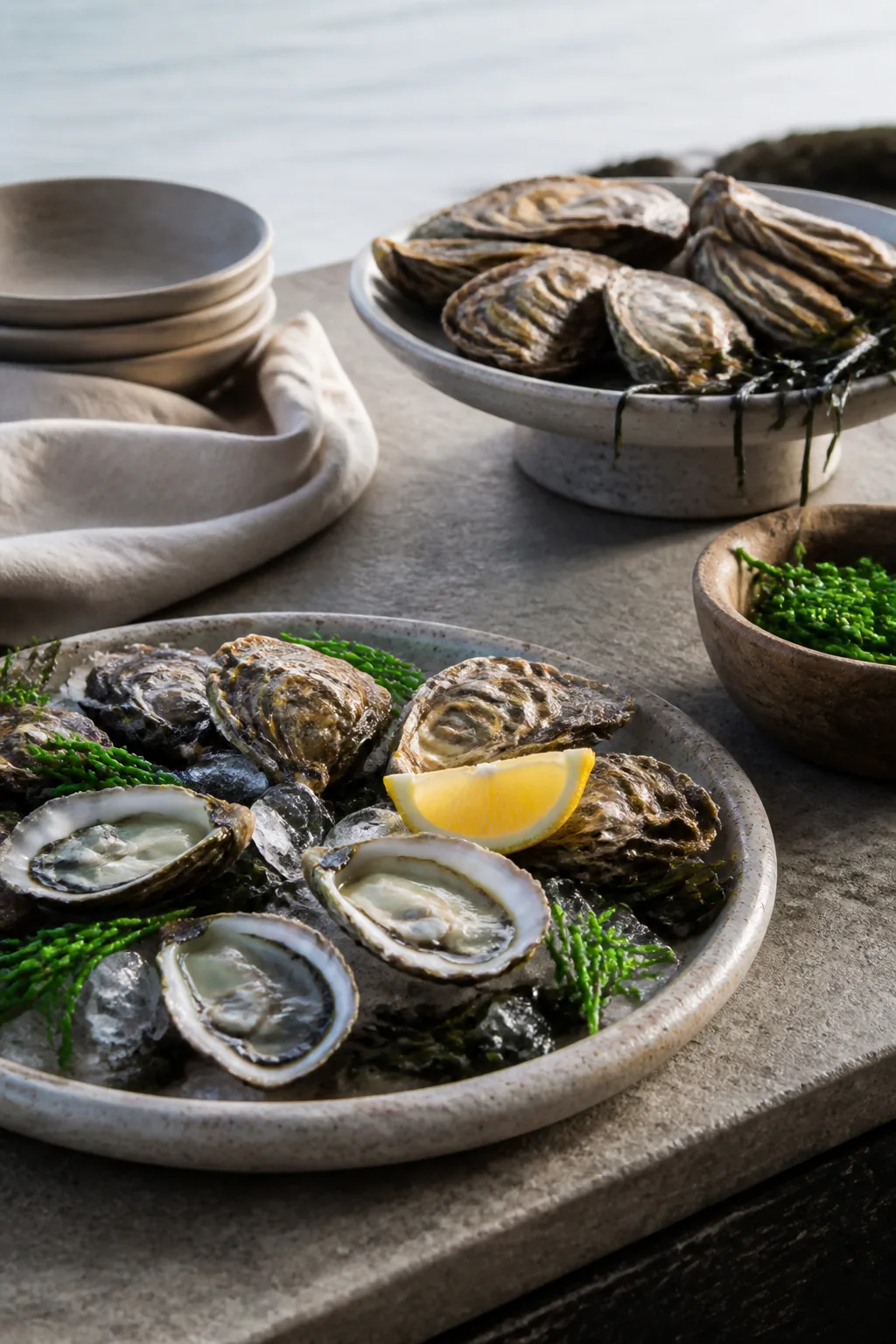 Comptoir marin aux coquillages, herbes salines et céramiques, création visuelle IA