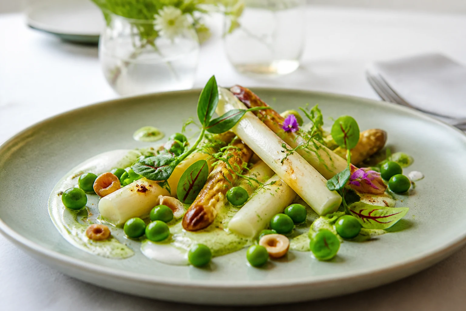 Asperges blanches, petits pois et noisettes, création visuelle IA