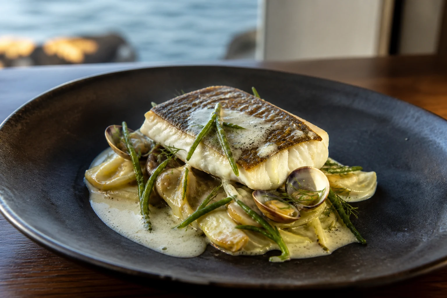 Turbot rôti, fenouil et coquillages, création visuelle IA