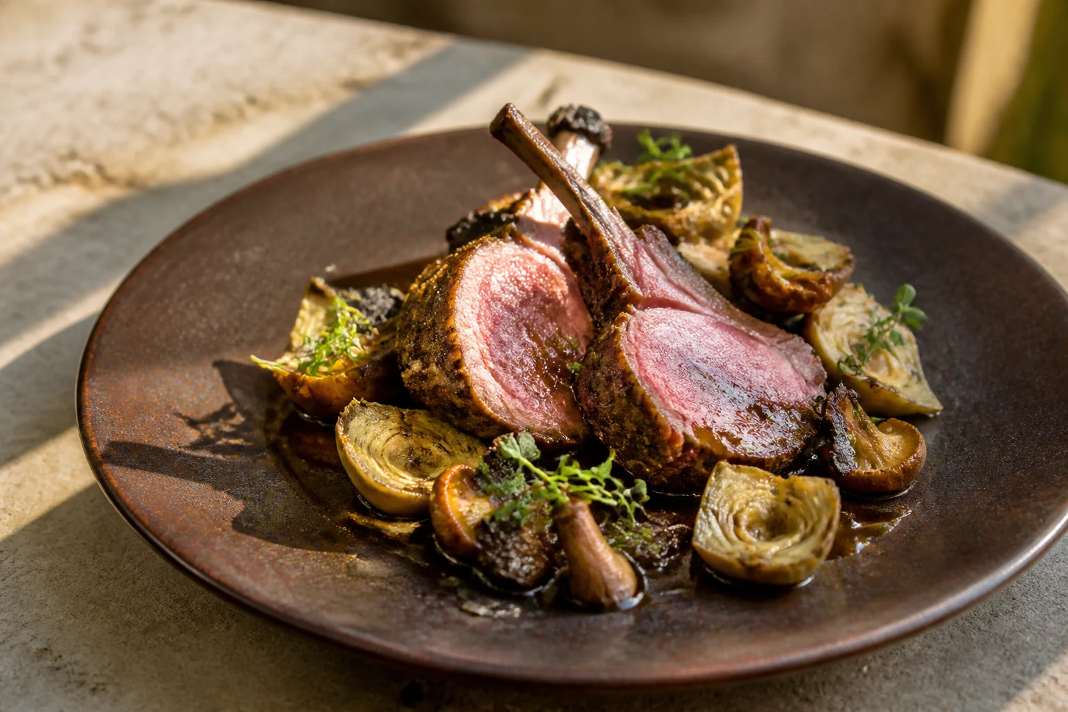 Agneau rôti, artichaut et girolles, création visuelle IA