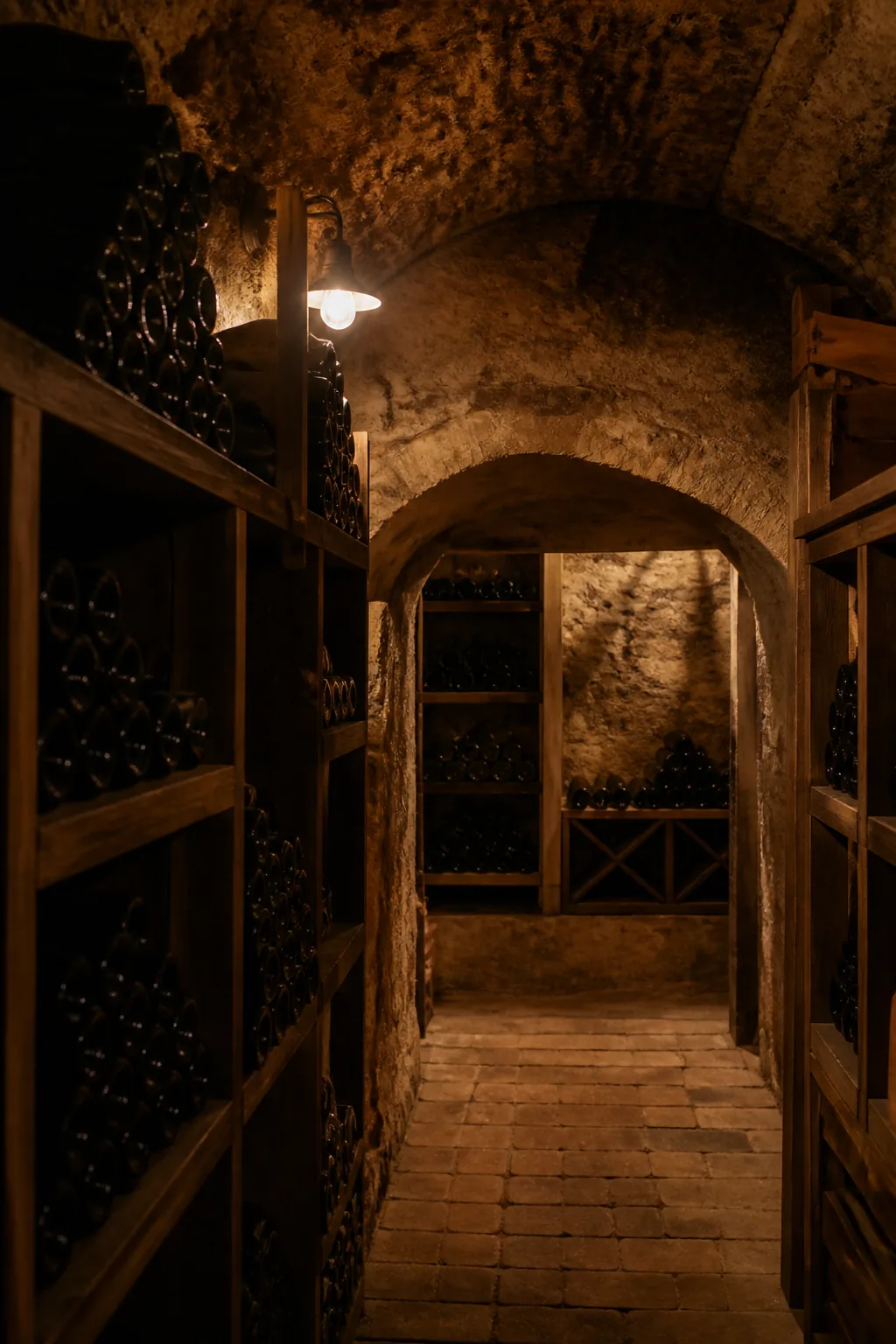 Cave voûtée aux bouteilles sans étiquette, création visuelle IA
