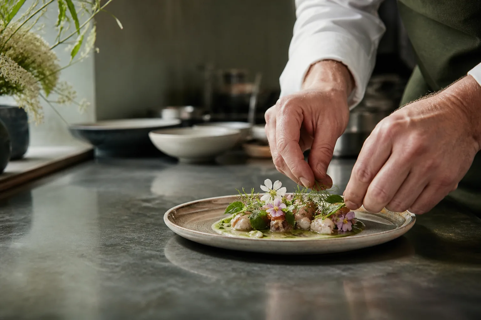 Gestes de finition d’une assiette végétale dans la cuisine fictive de Bruno Hautenfaust, création visuelle IA