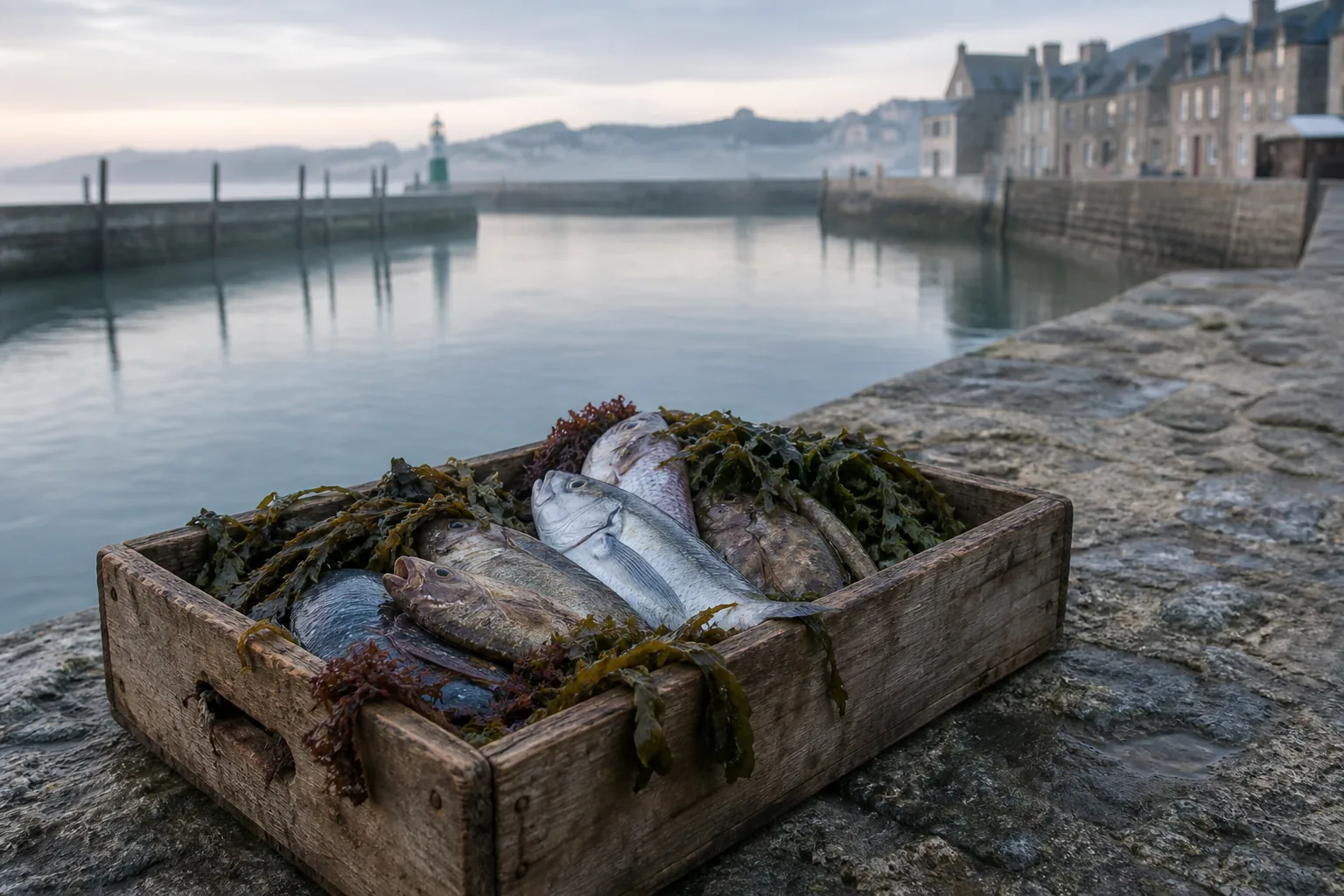 Pêche fictive de saison, poissons et algues sur un quai de Normandie, création visuelle IA
