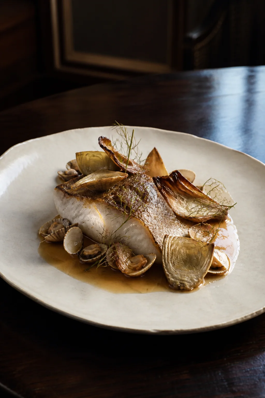 Coquillages, fenouil et sauce marine, création visuelle IA