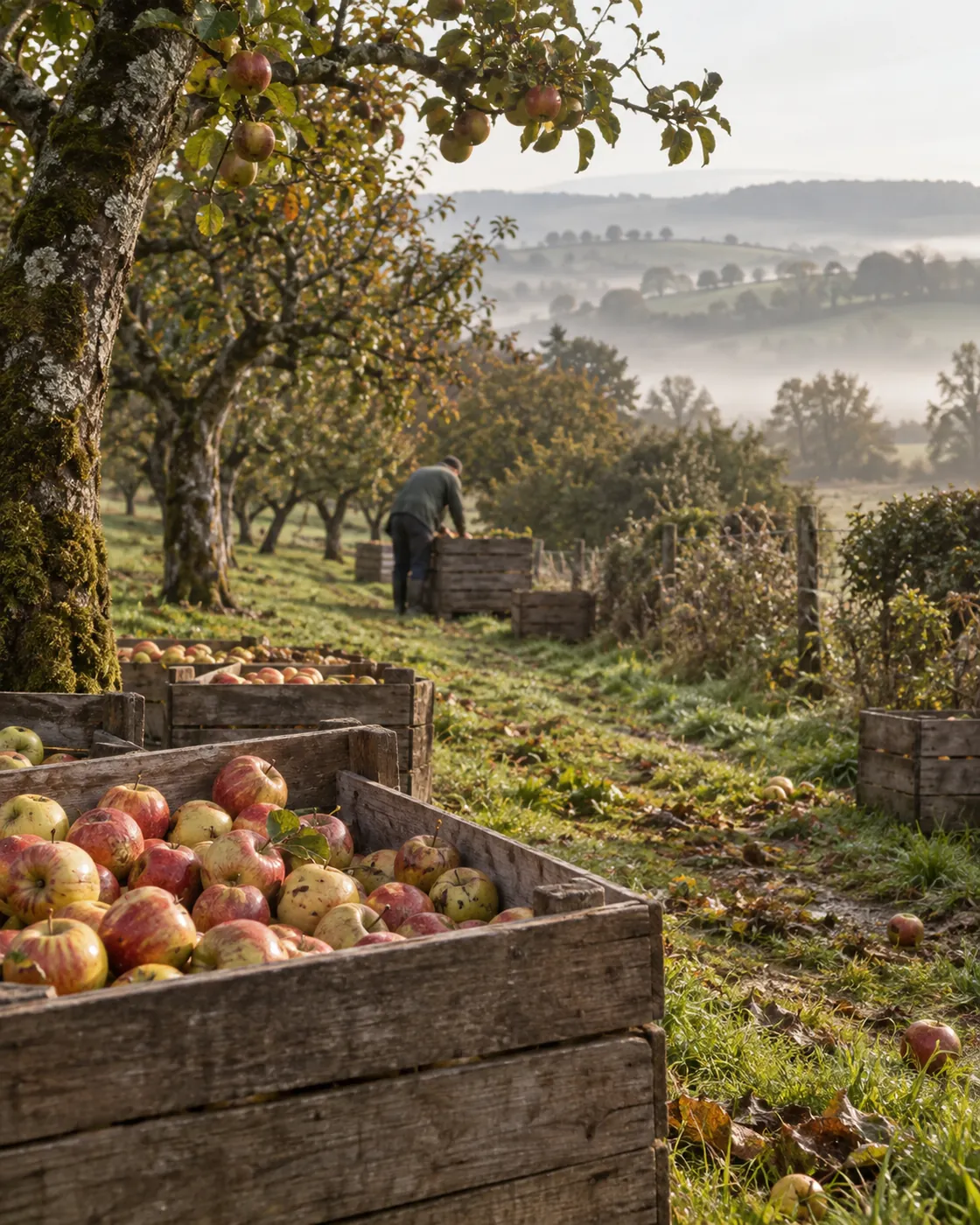 Récolte de pommes dans un verger fictif du Pays d’Auge, création visuelle IA