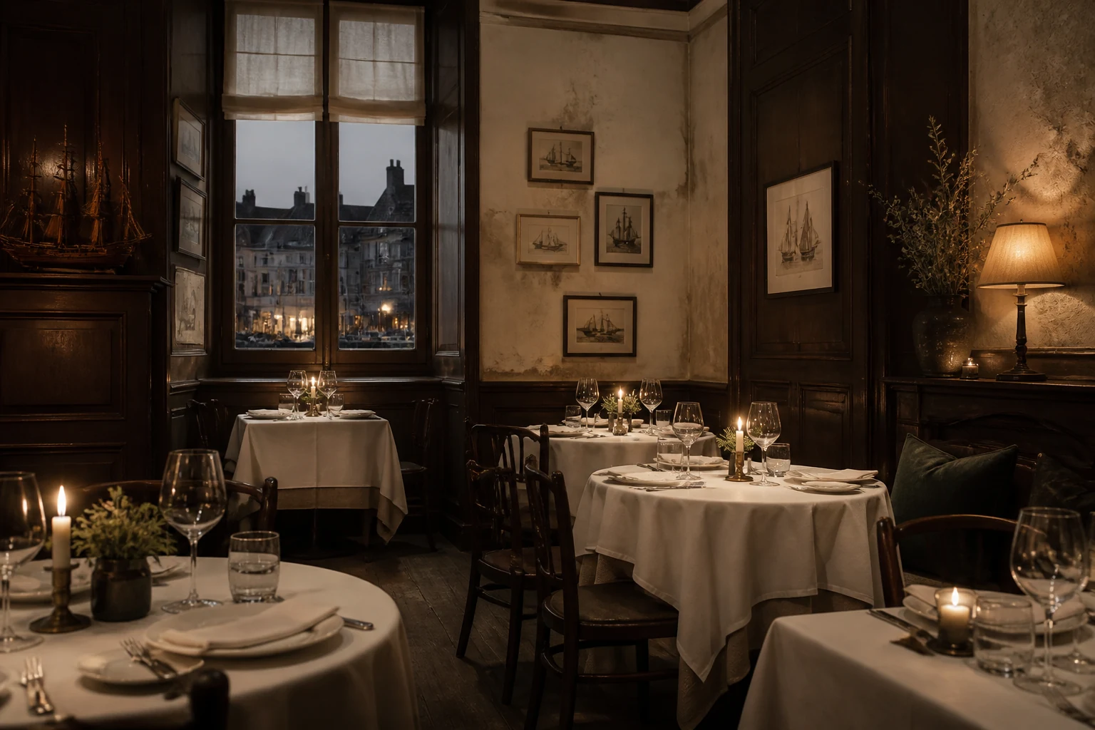 Salle intimiste du Goéland d’Opaline à Honfleur, création visuelle IA