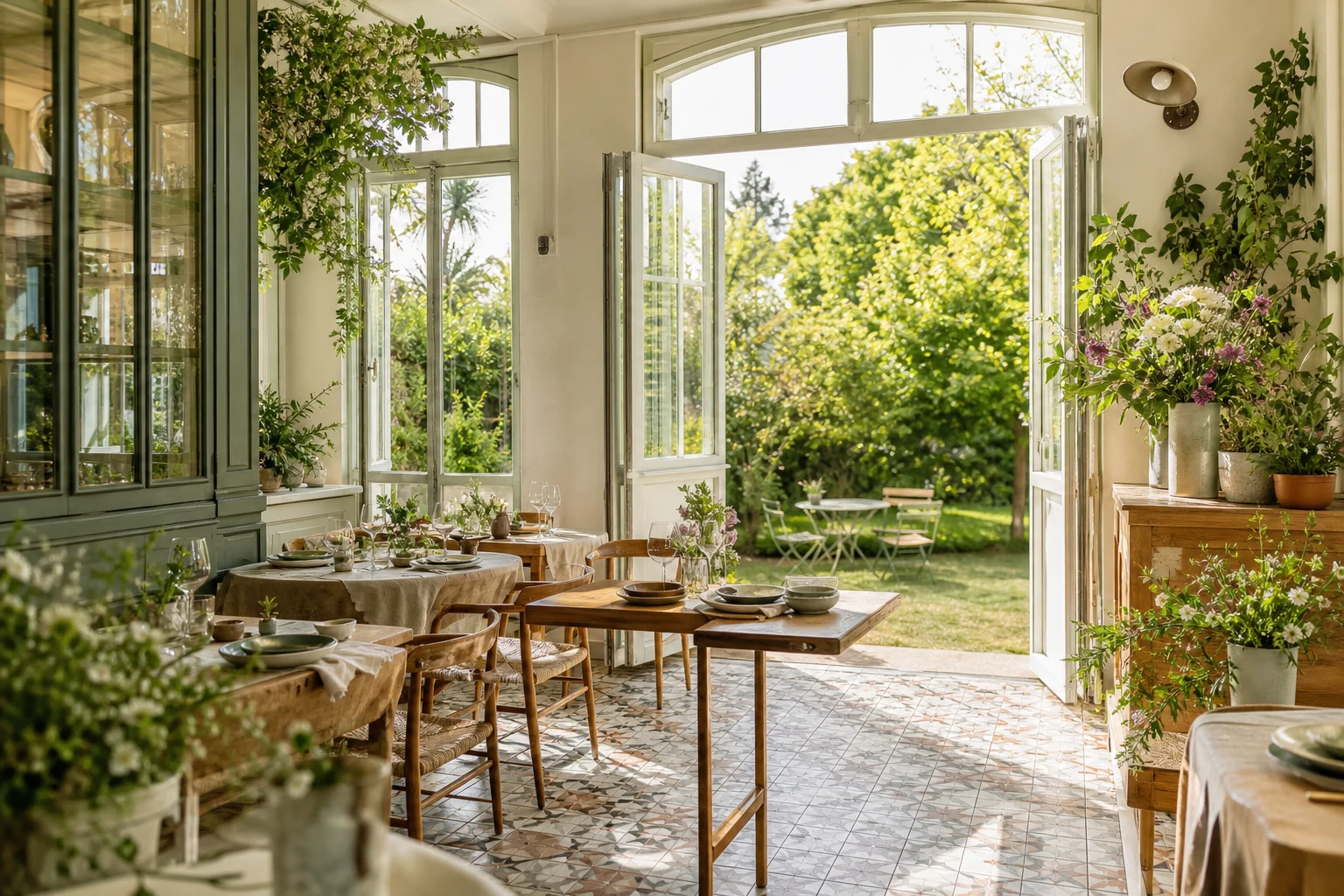 Salle-jardin lumineuse de Villa Nacrelune à Houlgate, création visuelle IA