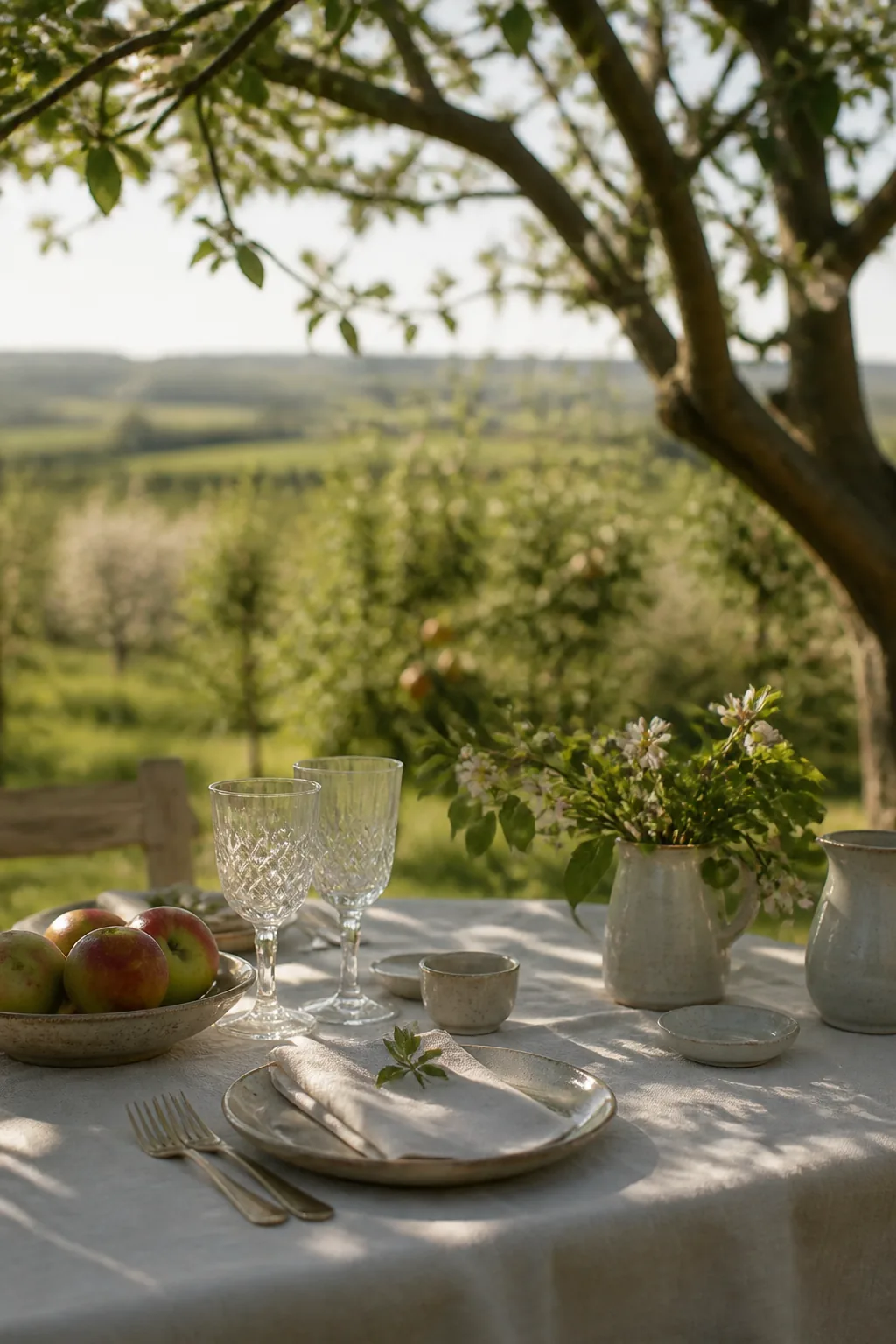 Table dressée sous un pommier dans un verger normand, création visuelle IA