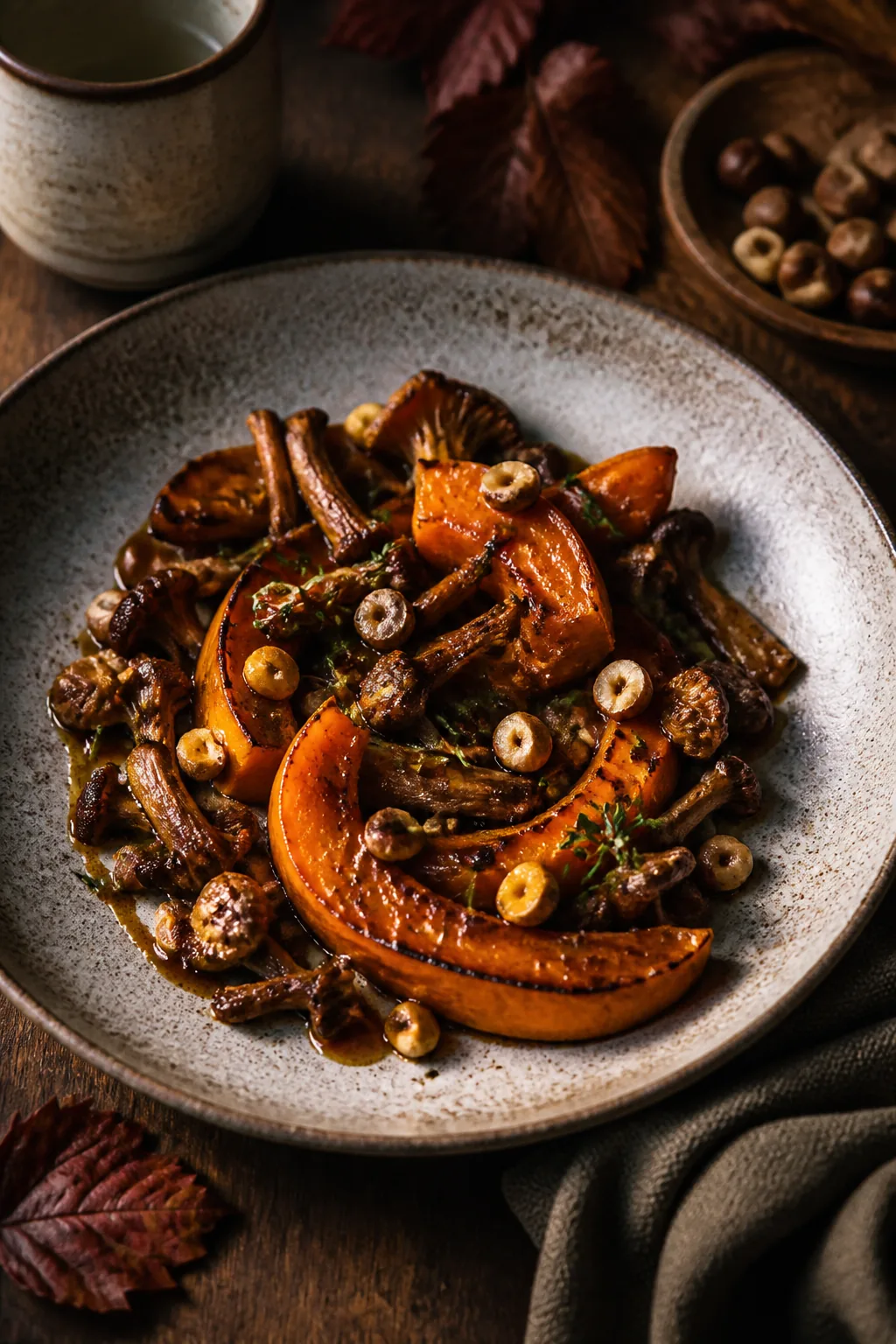 Assiette automnale de courge rôtie, champignons et noisettes, création visuelle IA