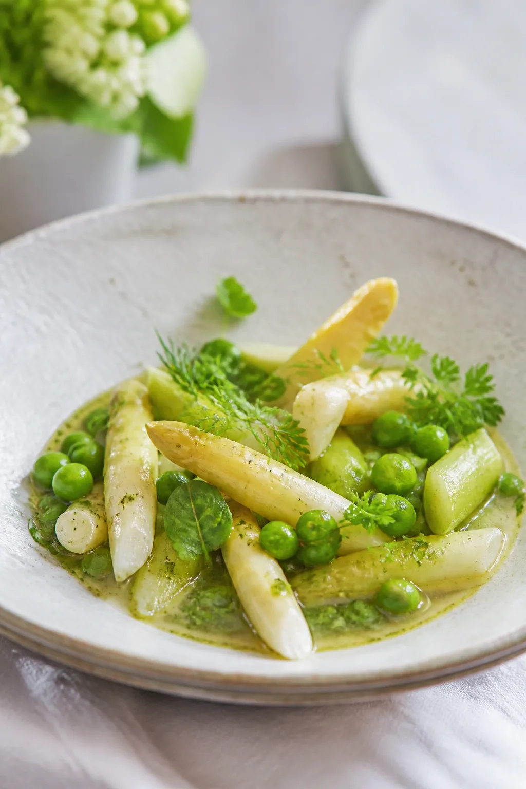 Assiette printanière d’asperges, petits pois et herbes, création visuelle IA