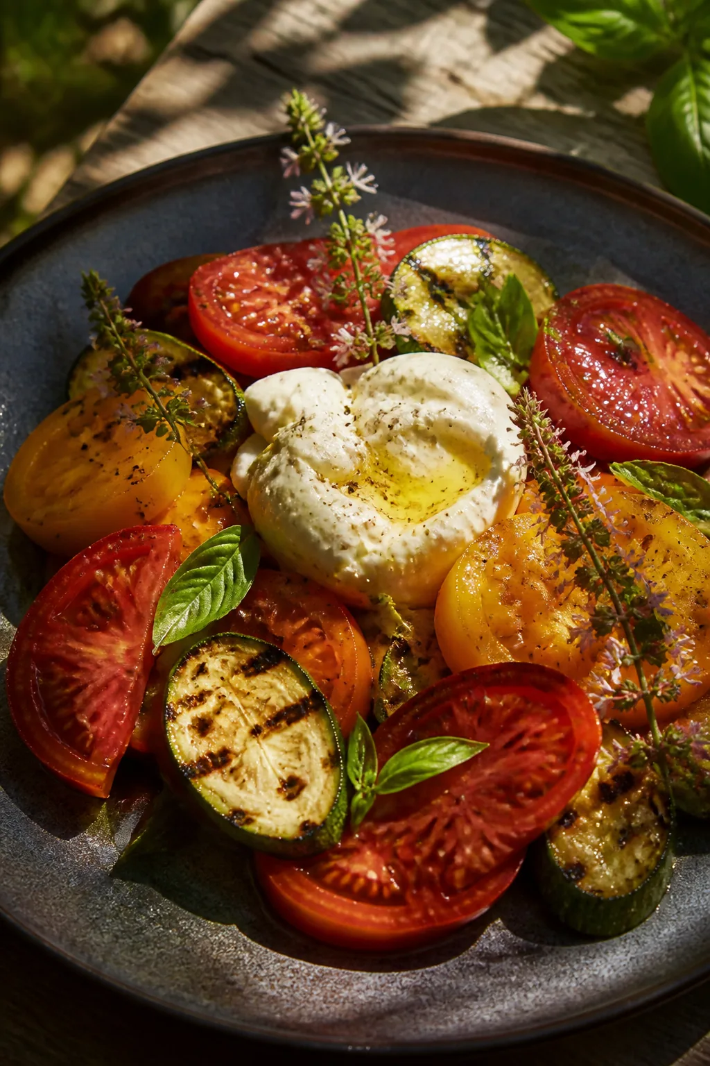 Assiette estivale de tomates, courgette et basilic, création visuelle IA