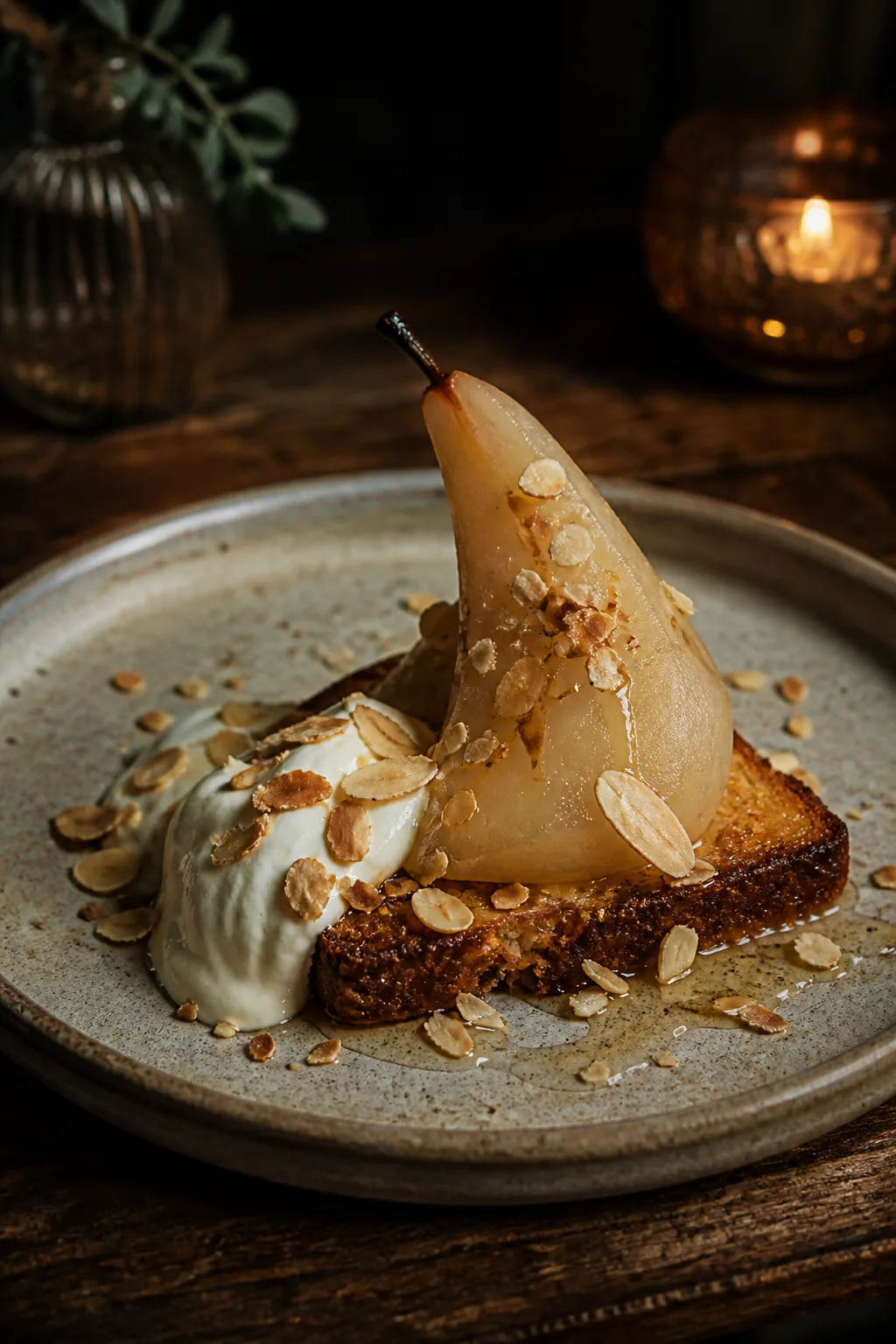 Dessert d’hiver à la poire pochée et brioche, création visuelle IA