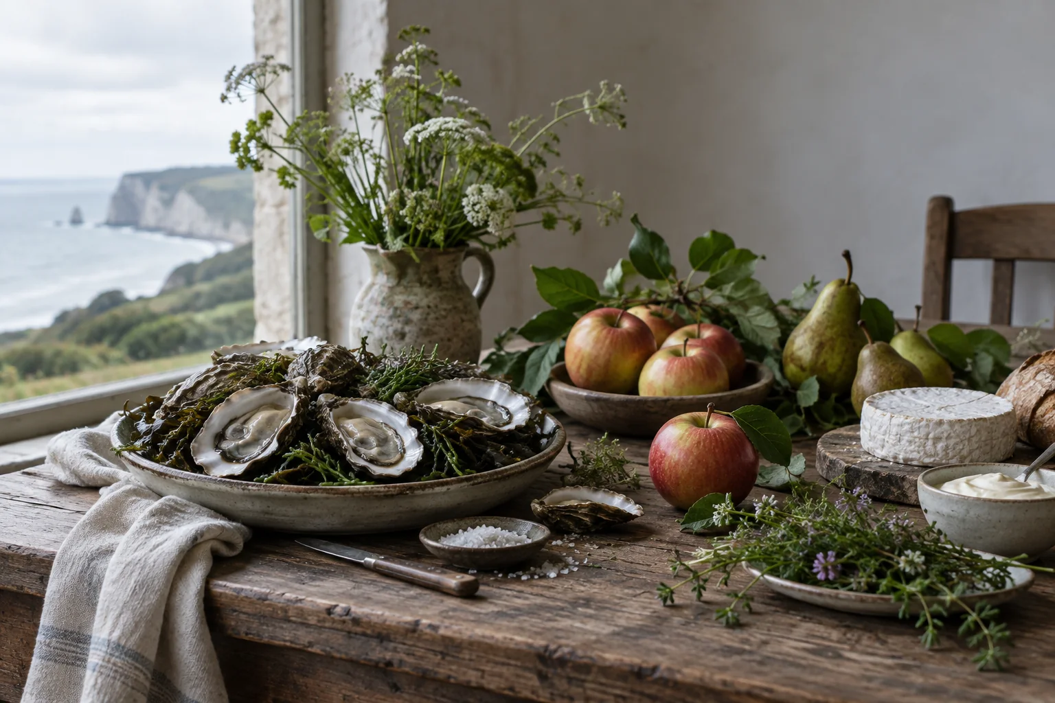 Huîtres, pommes, poires, herbes et produits laitiers réunis sur une table face au littoral normand, création visuelle IA
