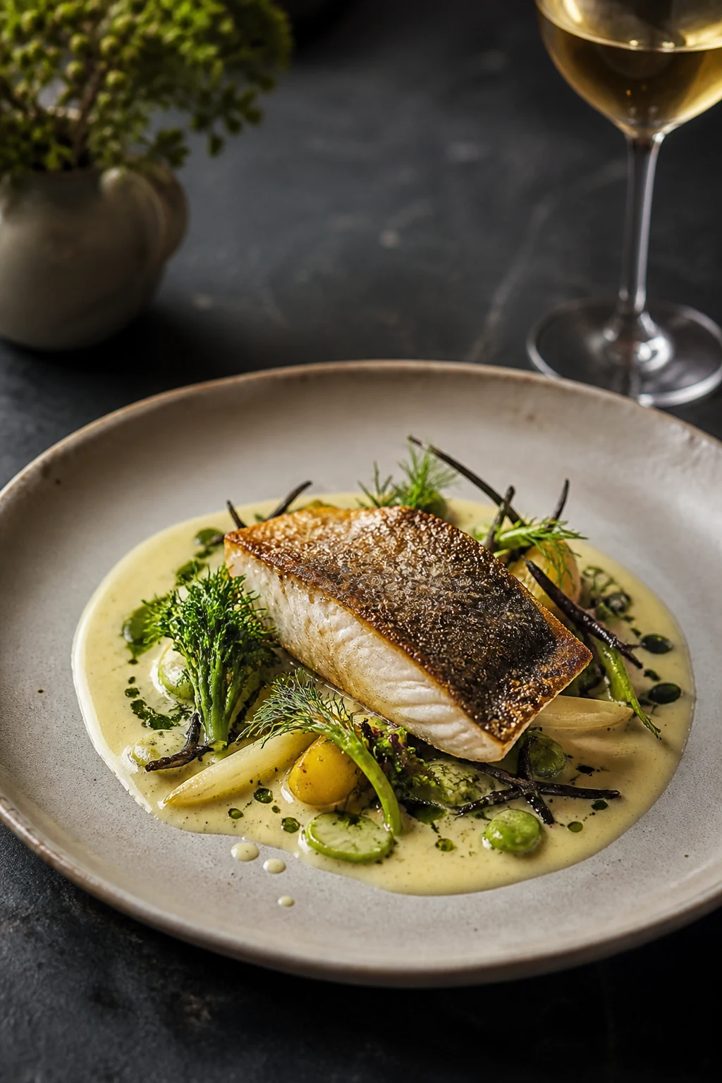 Turbot rôti, légumes de printemps et beurre blanc, création visuelle IA