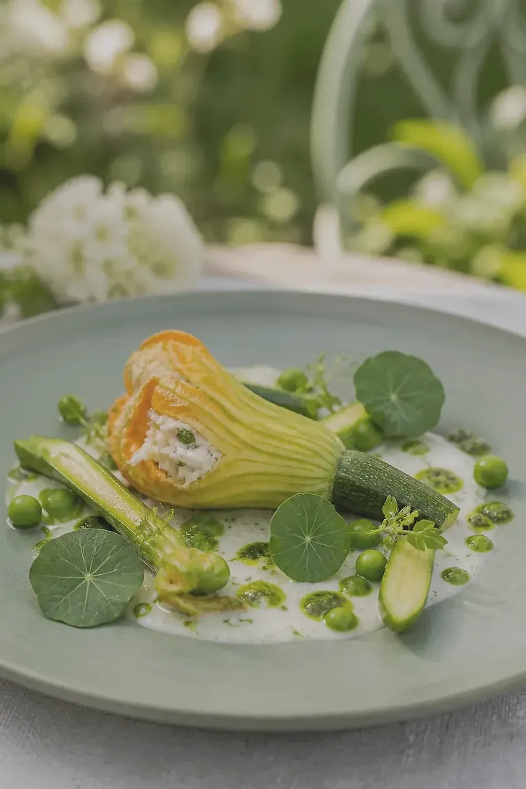 Lieu jaune, haricot vert, amande, création signature imaginaire de L’Atelier des Dentelles Salées, visuel IA