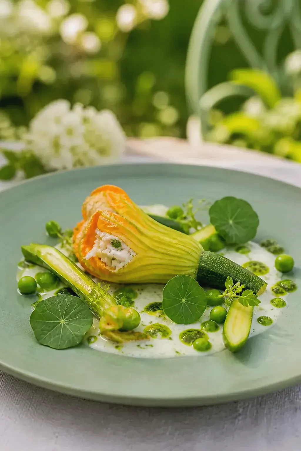 Volaille, pois gourmand, estragon, création signature imaginaire de La Cour des Tilleuls, visuel IA