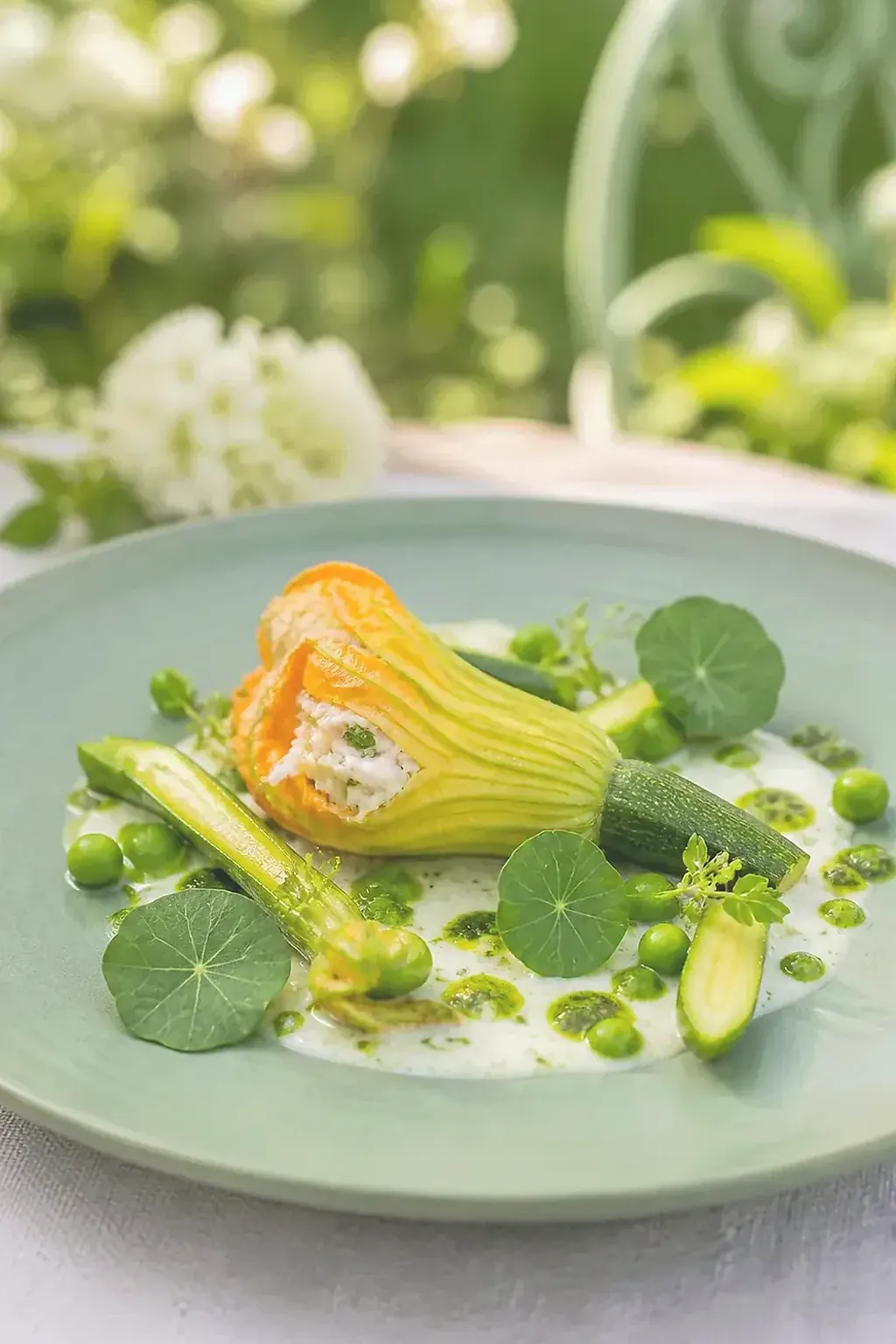 Merlu, courgette, oseille, création signature imaginaire de La Roselière des Dunes, visuel IA