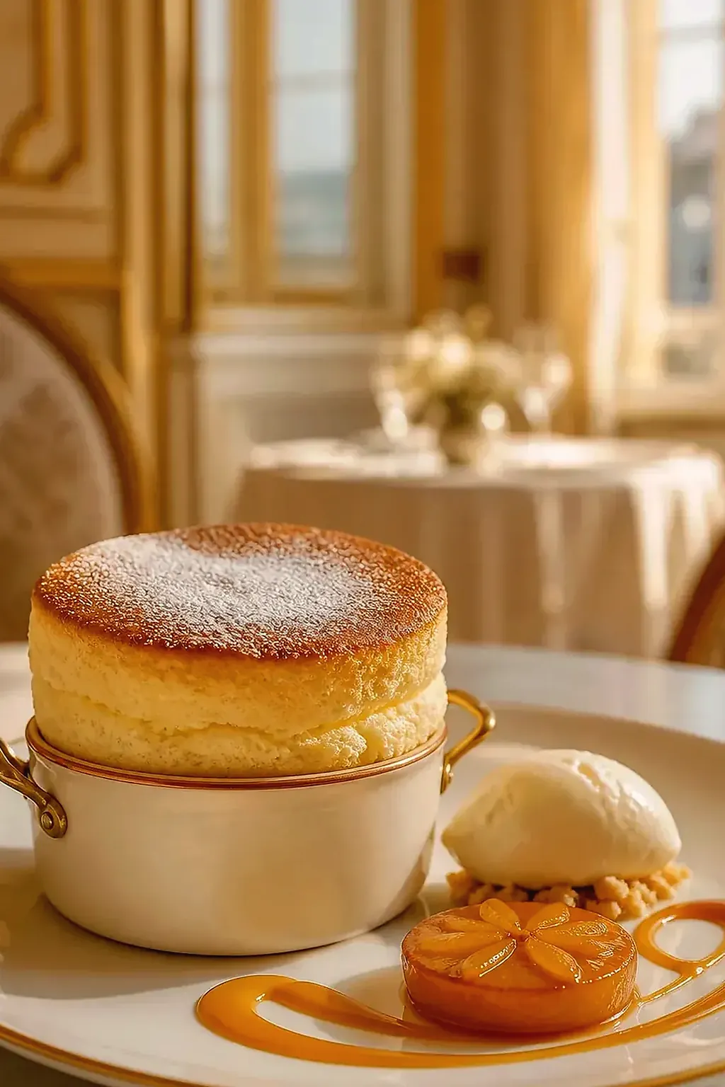 Soufflé au calvados, pomme fondante, création signature imaginaire de Les Heures d’Ambrelune, visuel IA