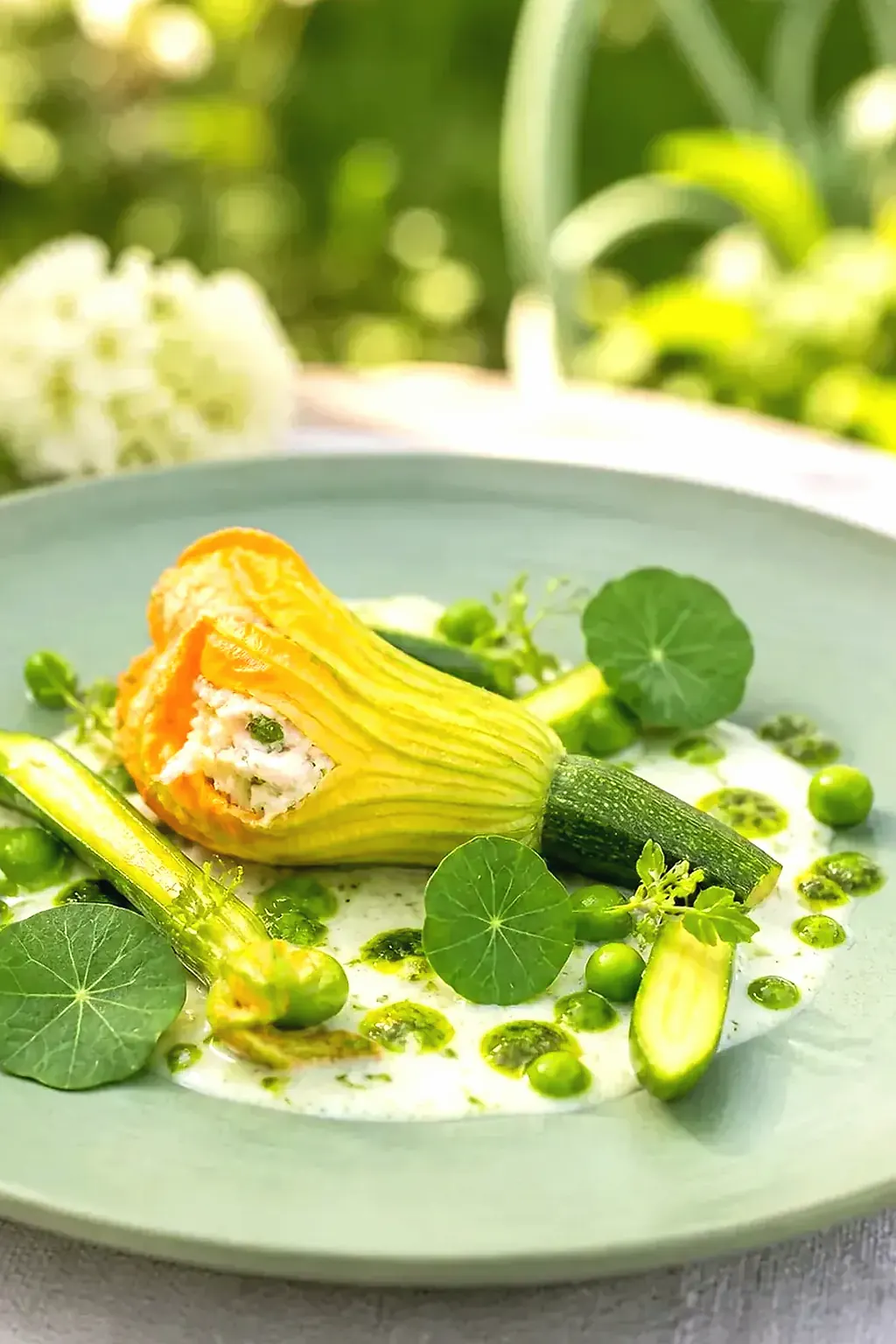 Courgette fleur, crabe, sureau, création signature imaginaire de Villa Nacrelune, visuel IA