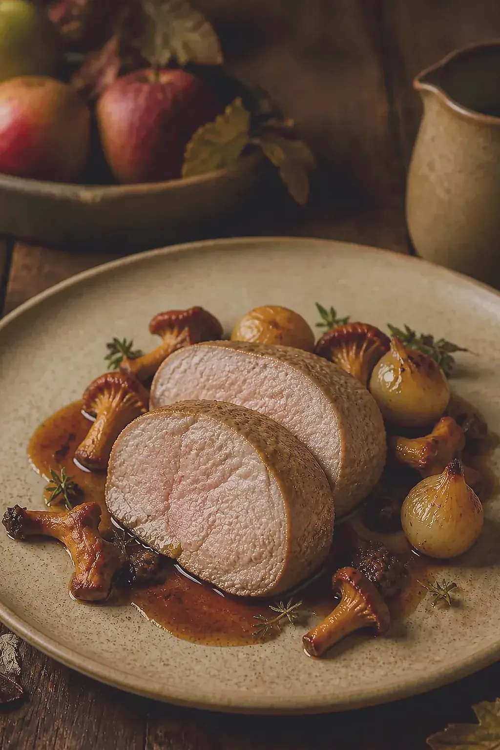 Veau, carotte, jus de pommeau, création signature imaginaire de Le Saut des Pommes Sauvages, visuel IA