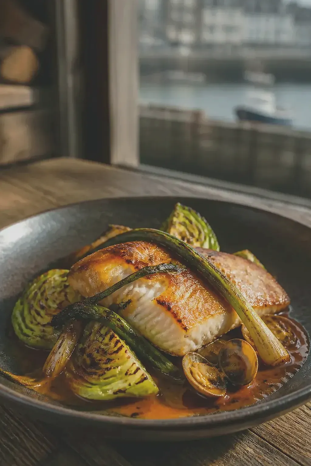 Turbot, chou-fleur, jus de coquillages, création signature imaginaire de La Criée des Lanternes, visuel IA