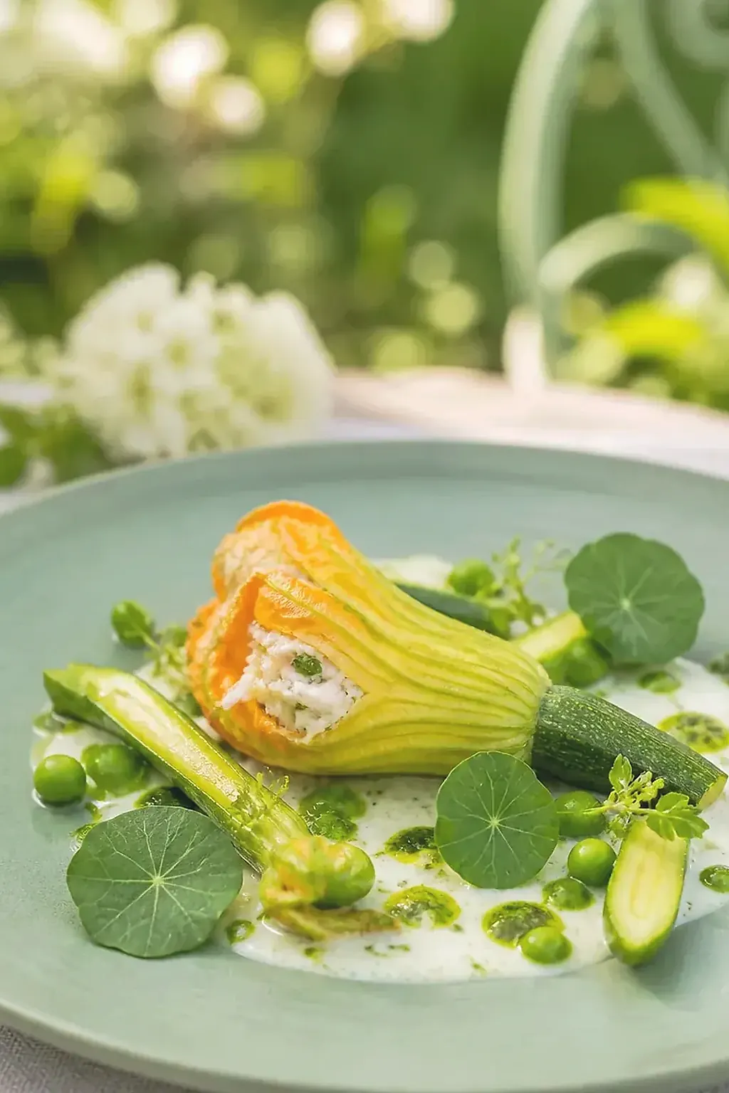Poularde, courge, jus épicé, création signature imaginaire de Les Douves du Safran, visuel IA