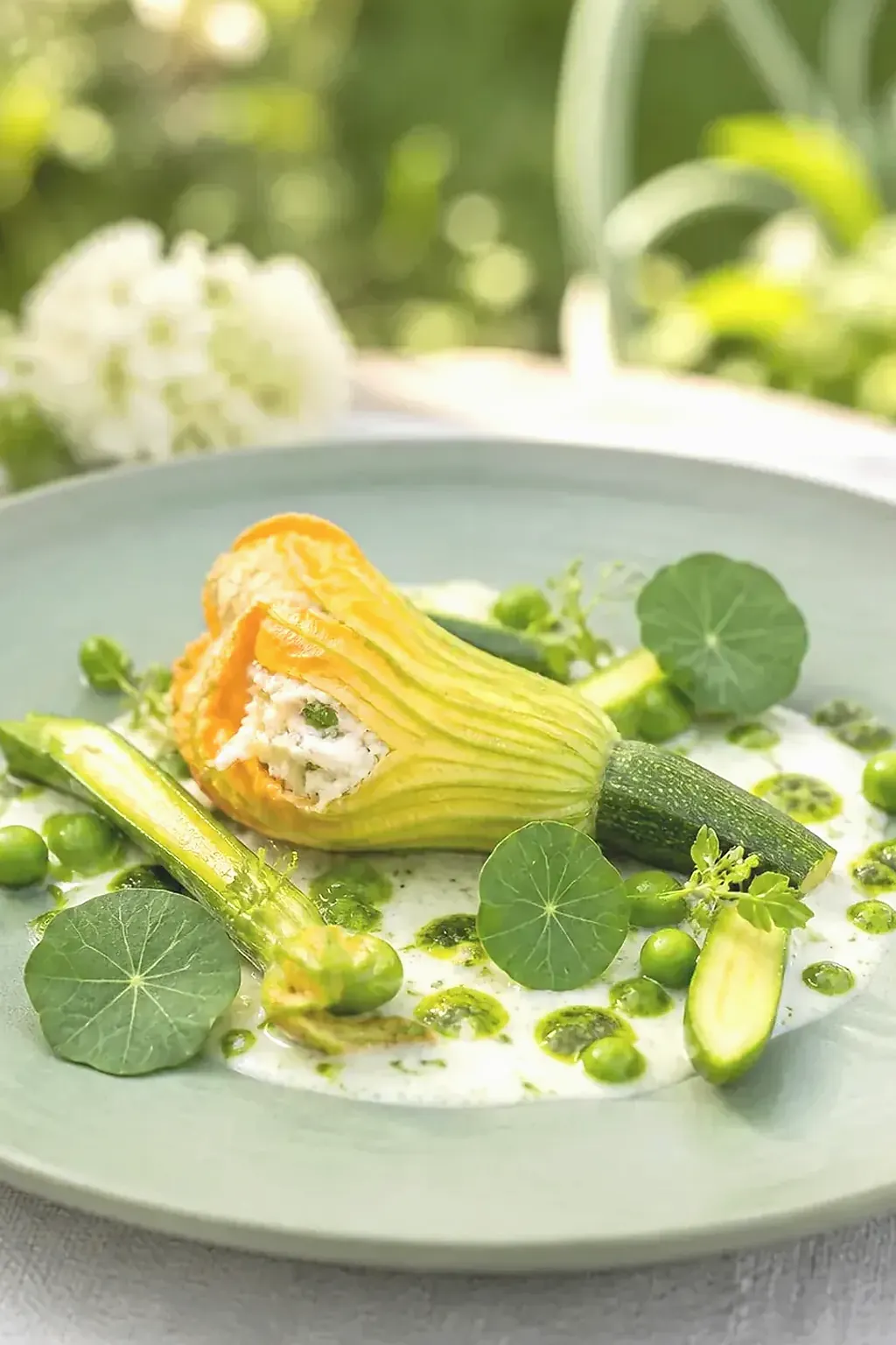 Merlu, courgette, amande, création signature imaginaire de La Source des Capucines, visuel IA