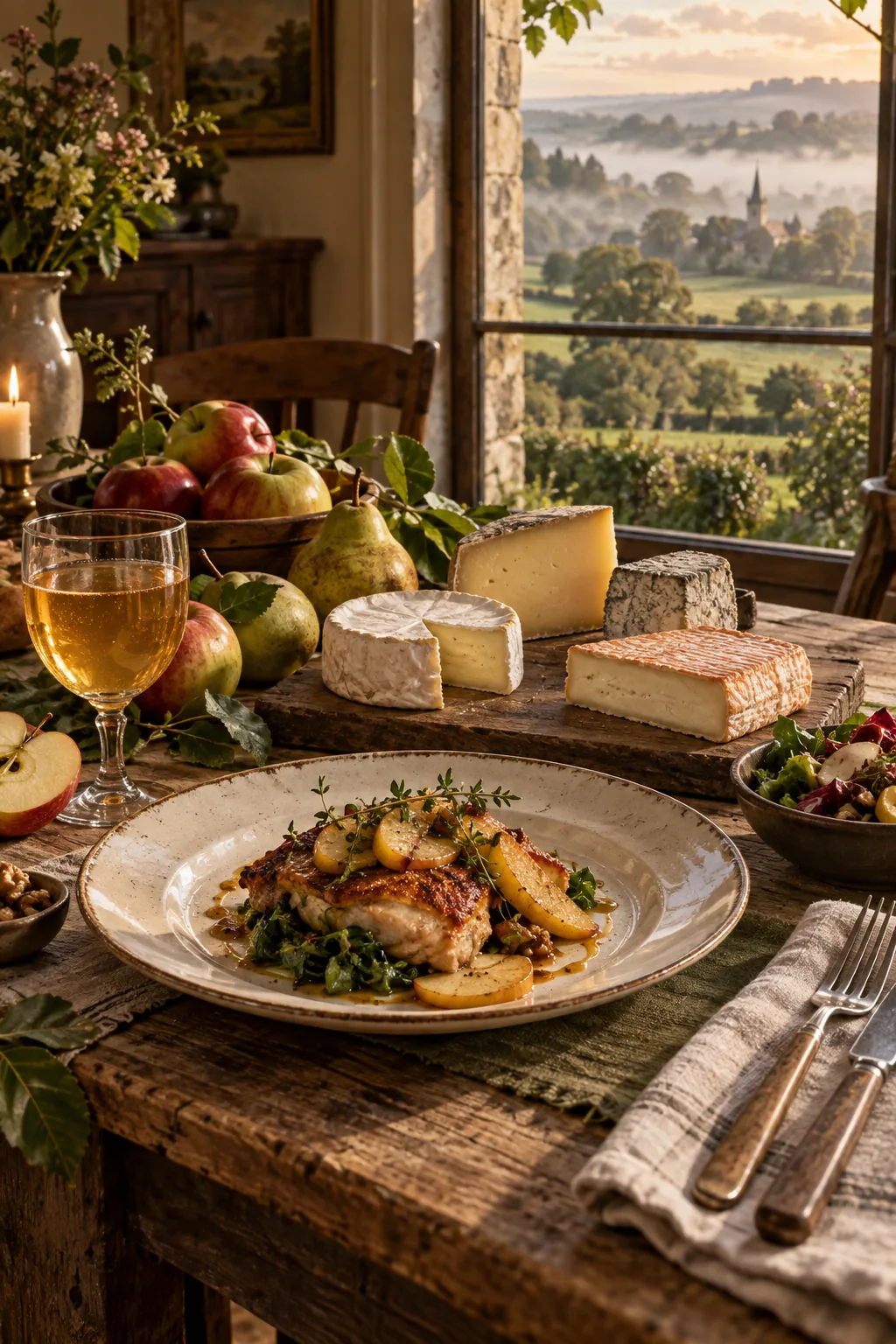 Table du bocage avec pommes, poires, cidre et fromages normands, création visuelle IA