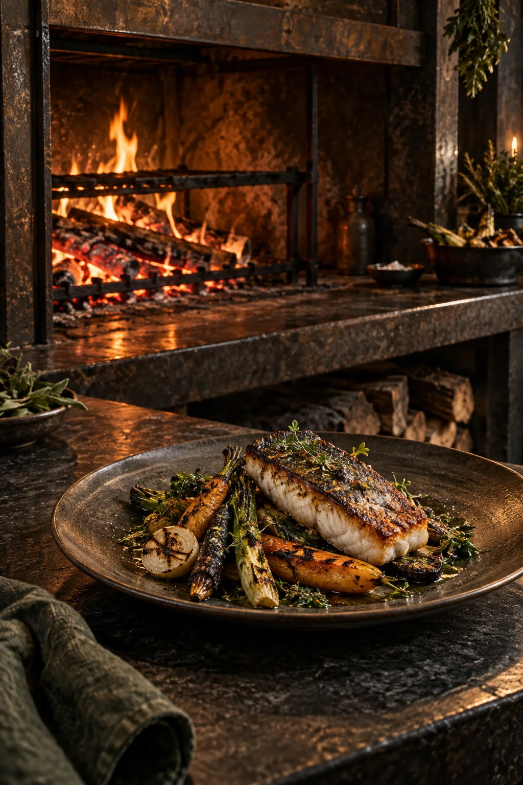 Poisson et légumes grillés devant un foyer de restaurant fictif, création visuelle IA