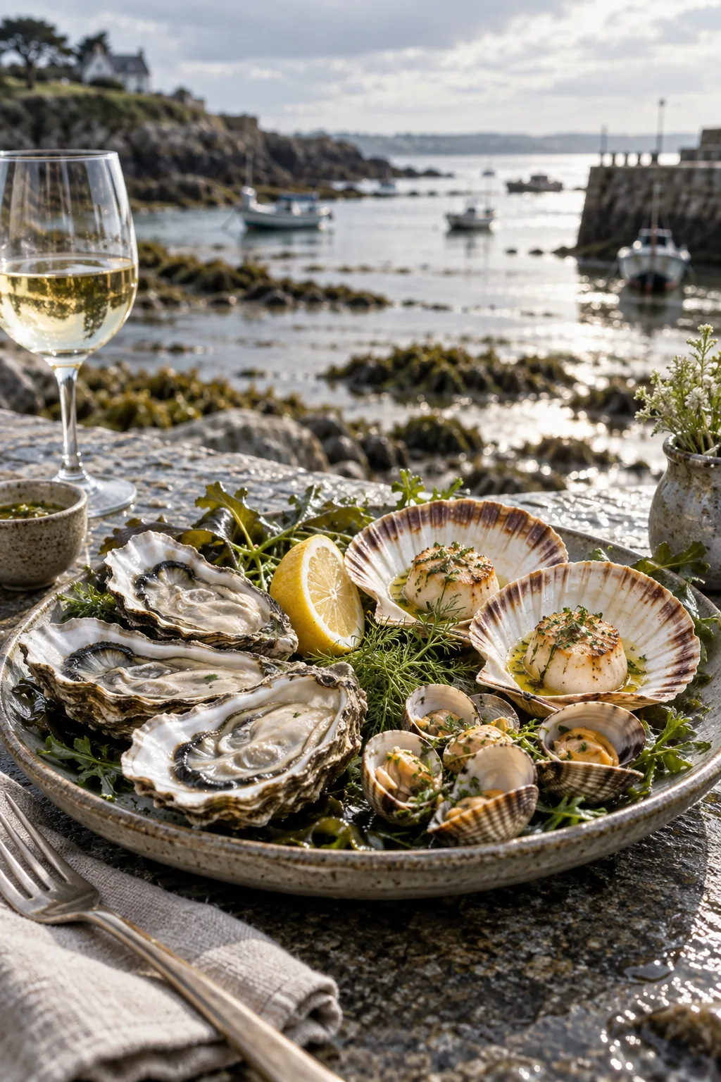 Huîtres, coquilles et herbes marines devant un port fictif, création visuelle IA