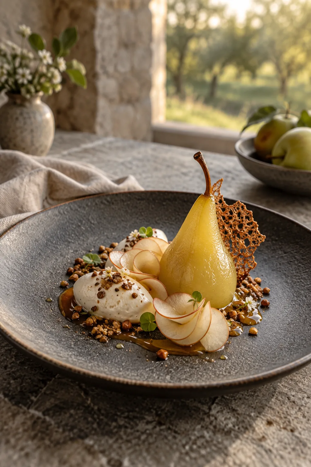 Poire pochée, pomme, sarrasin et crème dans une lumière de verger, création visuelle IA