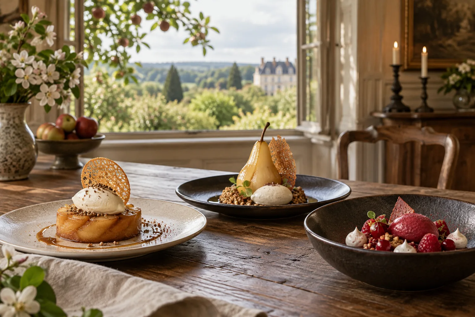 Trois desserts fictifs inspirés de la pomme, de la poire et des fruits rouges, création visuelle IA