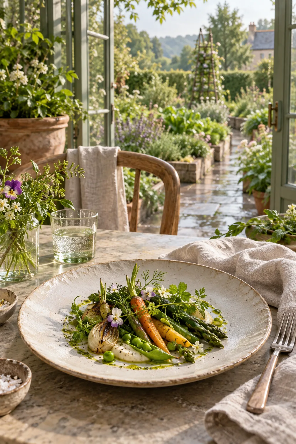 Assiette de légumes de saison ouverte sur un jardin normand fictif, création visuelle IA