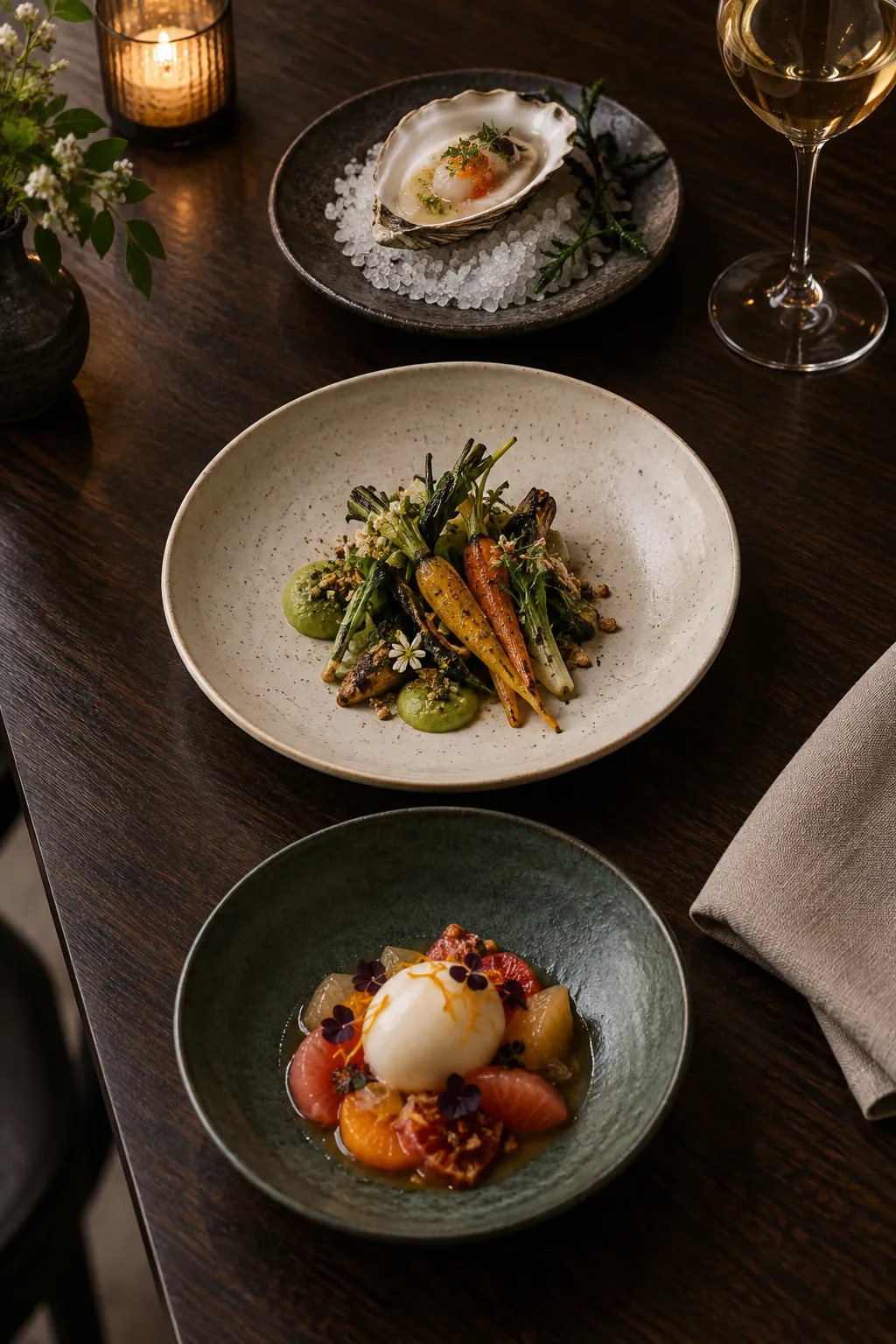 Trois assiettes illustrant la progression d’un menu dégustation fictif, création visuelle IA