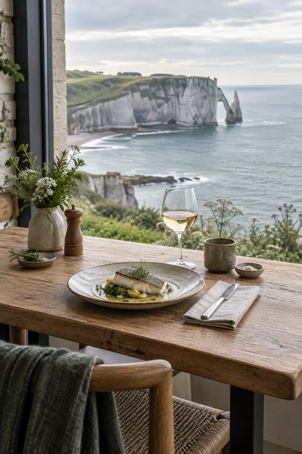 Table gastronomique fictive face aux falaises et à la Manche, création visuelle IA