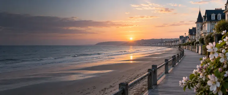 Évocation illustrée de la Côte Fleurie et de ses villas face à la mer