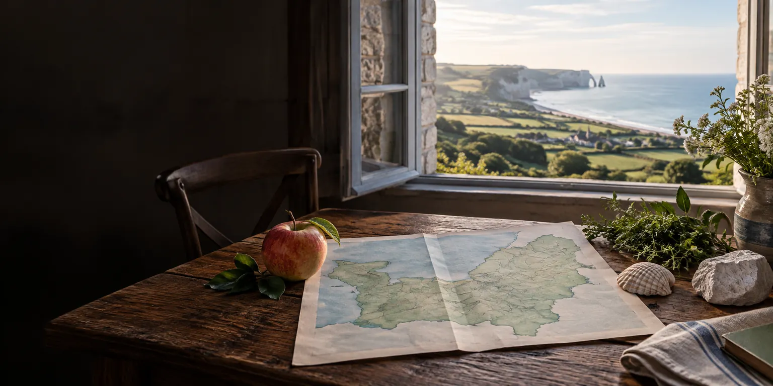Carte illustrative de la Normandie sur une table, création visuelle